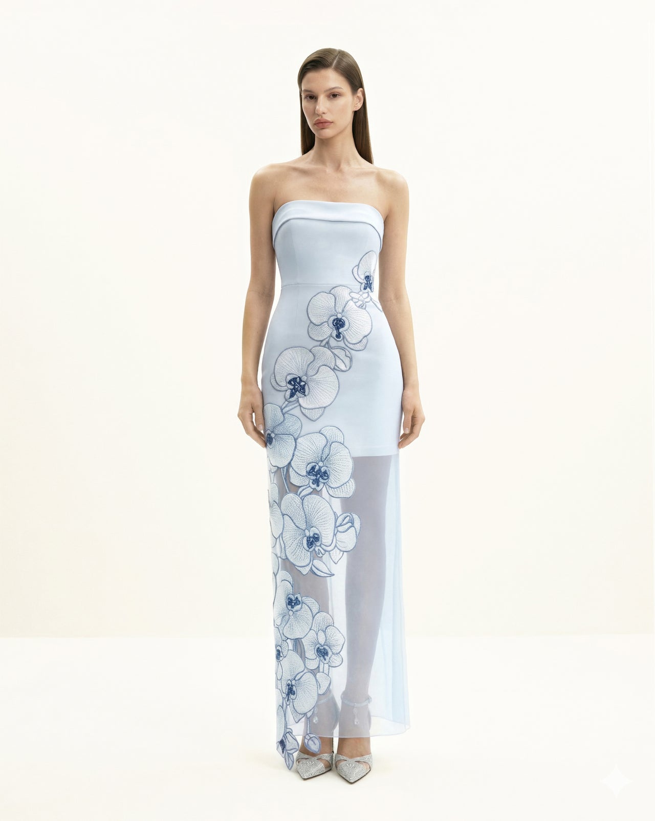 Vestito ricamato con orchidee – Azzurro