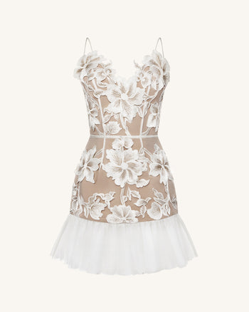 Floral Abito Mini con Spalline Sottili - Bianco
