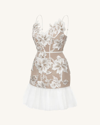 Floral Abito Mini con Spalline Sottili - Bianco