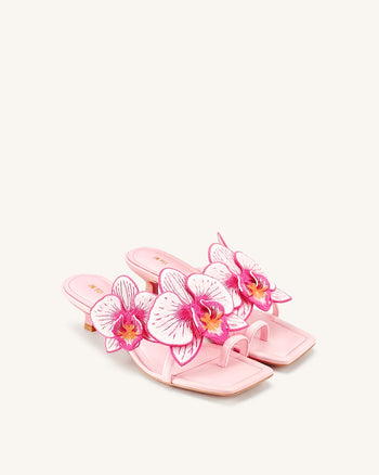 Serena Sandali con tacco e infradito con ricamo orchidea - Rosa confetto