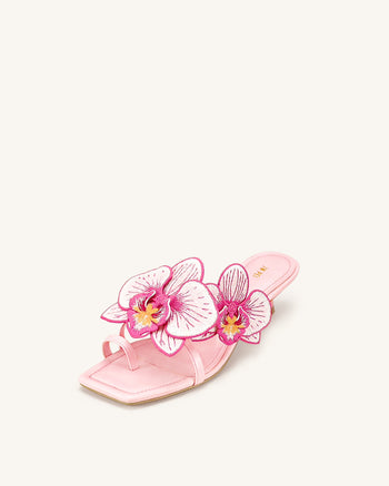 Serena Sandali con tacco e infradito con ricamo orchidea - Rosa confetto