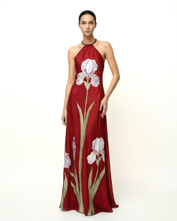 Abito lungo con scollo halter e stampa floreale Iris - Rubino