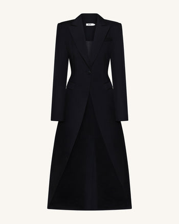 Blazer lungo strutturato con revers a punta e taglio anteriore svasato - Nero