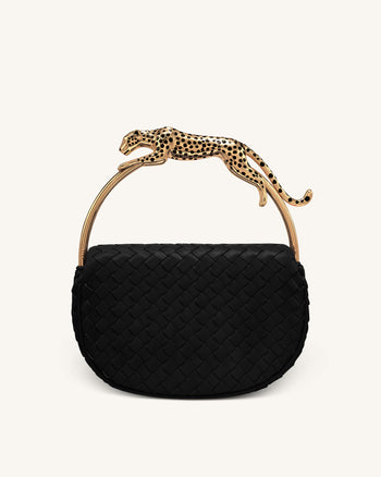 Ione Borsa con manico superiore intrecciata con manico in metallo a forma di leopardo - Nero