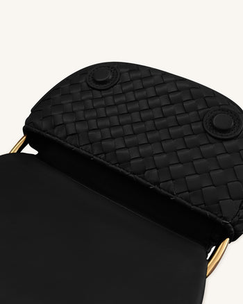 Ione Borsa con manico superiore intrecciata con manico in metallo a forma di leopardo - Nero