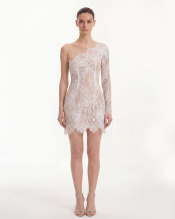 Mini abito in pizzo con spalla One - Bianco