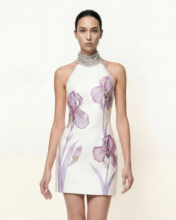 Abito con motivo Iris e scollo halter gioiello - Bianco