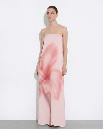 Abito maxi senza spalline con stampa floreale ad acquerello - Rosa