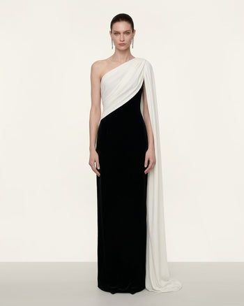 Maxi abito monospalla drappeggiato - Bianco e nero