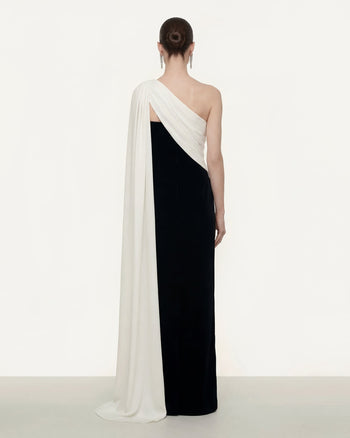 Maxi abito monospalla drappeggiato - Bianco e nero
