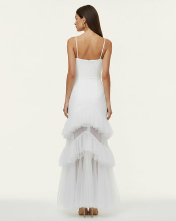 Abito lungo senza spalline in tulle con volant e orchidee ricamate - Bianco