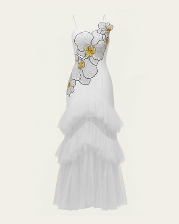 Abito lungo senza spalline in tulle con volant e orchidee ricamate - Bianco