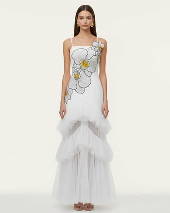 Abito lungo senza spalline in tulle con volant e orchidee ricamate - Bianco