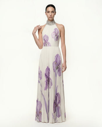 Abito lungo plissettato con scollo all'americana decorato e stampa Iris - Bianco/Viola