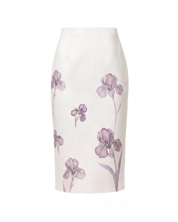 Gonna midi a tubino a vita alta con stampa Iris - Bianco/Viola
