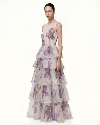 Abito lungo in organza a balze con finiture gioiello e stampa Iris - Bianco/Viola