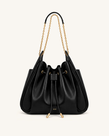 Rowan Borsa a secchiello arricciata con coulisse e catena - Nero
