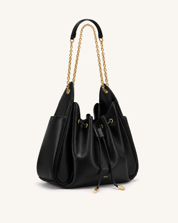 Rowan Borsa a secchiello arricciata con coulisse e catena - Nero
