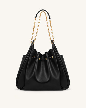 Rowan Borsa a secchiello arricciata con coulisse e catena - Nero