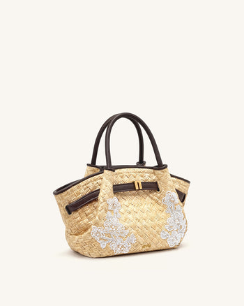Hana Mini borsa tote con perline in simil-paglia - Marrone