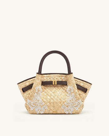 Hana Mini borsa tote con perline in simil-paglia - Marrone