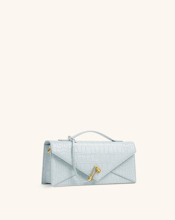 Celeste Borsa con manico superiore a busta - Coccodrillo azzurro chiaro