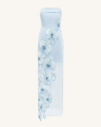 Vestito ricamato con orchidee – Azzurro