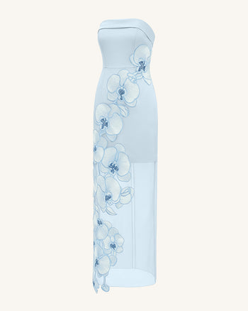 Vestito ricamato con orchidee – Azzurro