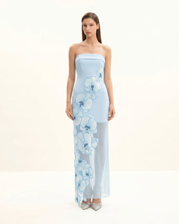 Vestito ricamato con orchidee – Azzurro
