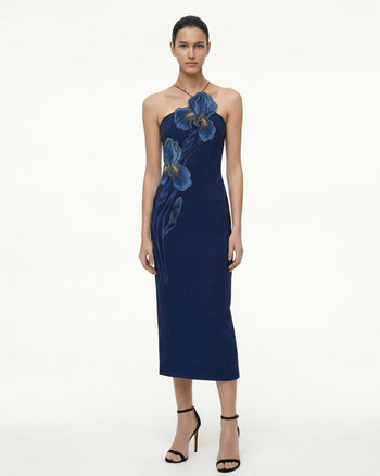 Iris Vestito midi allacciato al collo ricamato - Blu navy