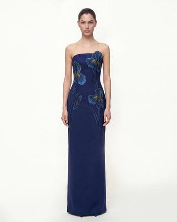 Abito lungo senza spalline ricamato Iris - Blu navy