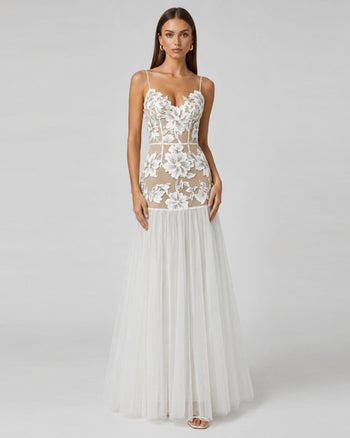 Vestito lungo in tulle trasparente con applicazioni floreali - Bianco