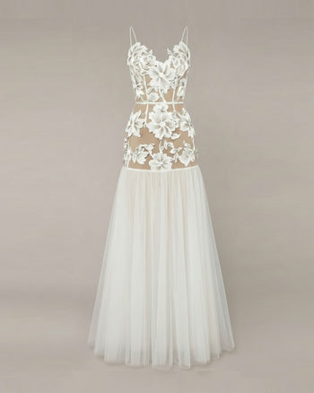 Vestito lungo in tulle trasparente con applicazioni floreali - Bianco