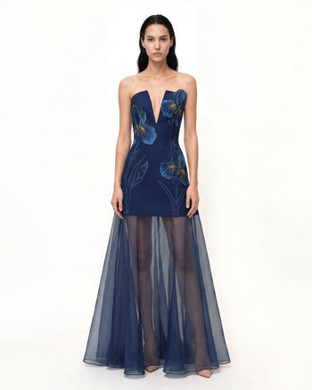 Iris Vestito lungo con scollo profondo e sovrapposizione trasparente ricamato - Blu navy