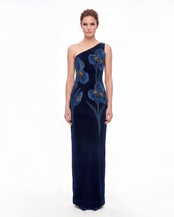 Iris Vestito lungo monospalla in velluto ricamato - Blu navy