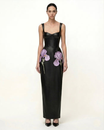 Iris Abito lungo in pelle a corsetto con spalline e stampa floreale - Nero