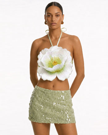 Crop top allacciato al collo con fiori 3D - Avorio