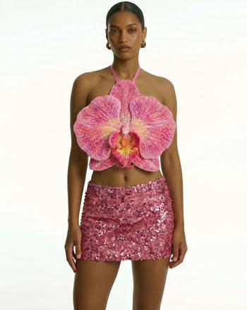 Crop top allacciato al collo con orchidea 3D - Rosa