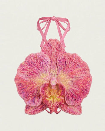 Crop top allacciato al collo con orchidea 3D - Rosa