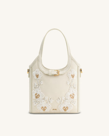 Brooke Borsa Mini con Manico e Cintura, Orchidea Ricamata con Perline - Avorio