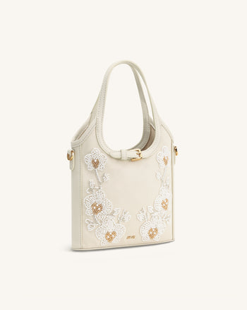 Brooke Borsa Mini con Manico e Cintura, Orchidea Ricamata con Perline - Avorio