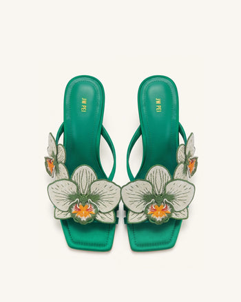 Serena Sandali con tacco e infradito con ricamo orchidea - Verde smeraldo