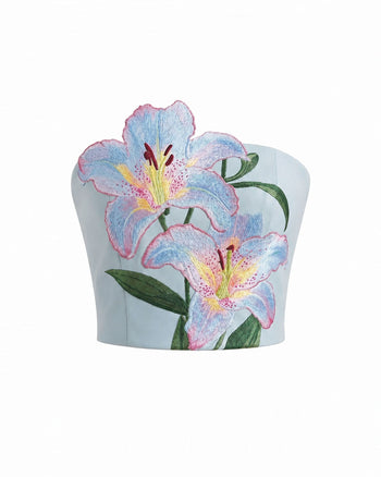 Lily Top a corsetto senza spalline con ricami floreali - Celeste