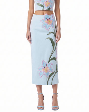 Lily Gonna midi a tubino a vita alta con ricami floreali - Celeste