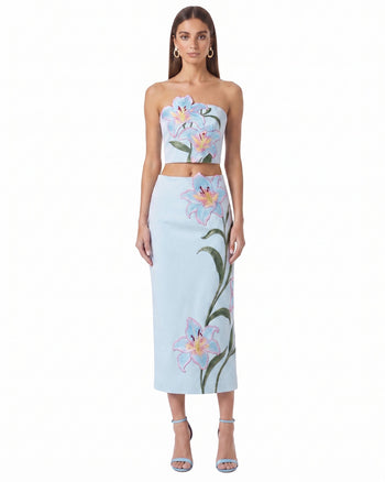 Lily Gonna midi a tubino a vita alta con ricami floreali - Celeste