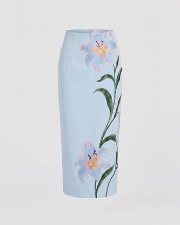 Lily Gonna midi a tubino a vita alta con ricami floreali - Celeste
