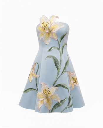 Lily Abito corto a trapezio senza spalline con stampa floreale - Celeste