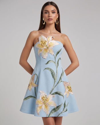 Lily Abito corto a trapezio senza spalline con stampa floreale - Celeste