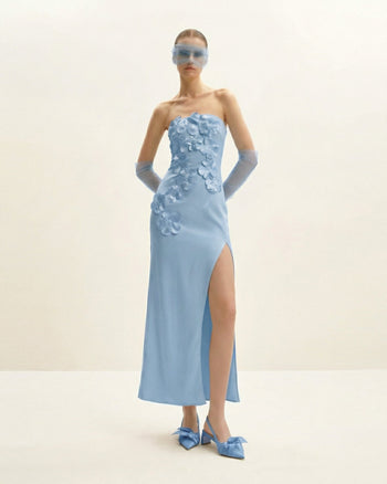 Abito lungo con ricamo floreale - Blu