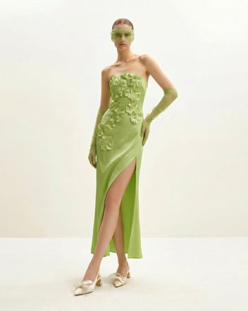 Abito lungo con ricamo floreale - Verde